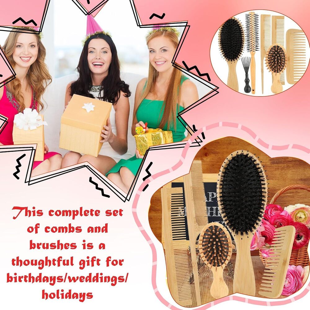 8 Pcs Bamboo Hair Brush Set Natural Wooden Brushs and Comb Kit with Paddle - Picture 7 of 7